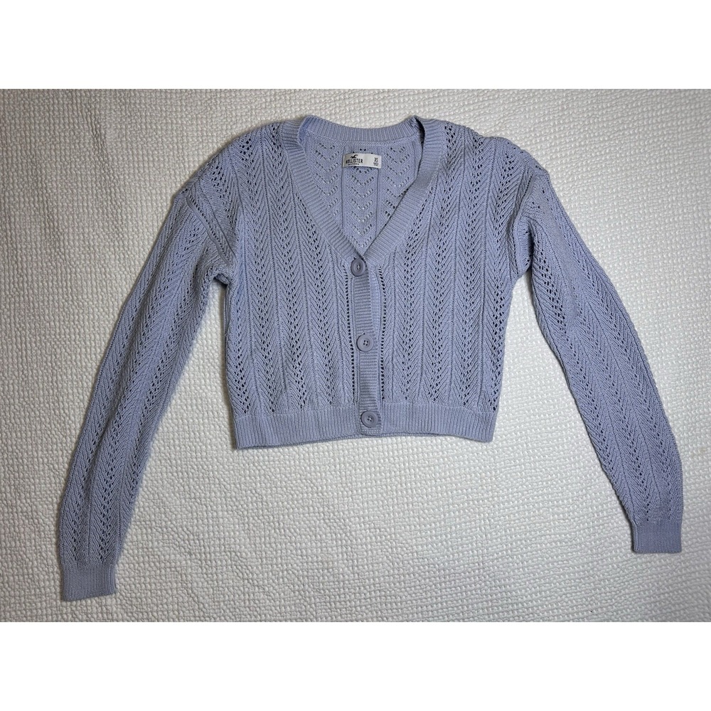 Hollister‎ Pointelle Knit Cropped Cardigan Light Blue Button Front XS Sweater